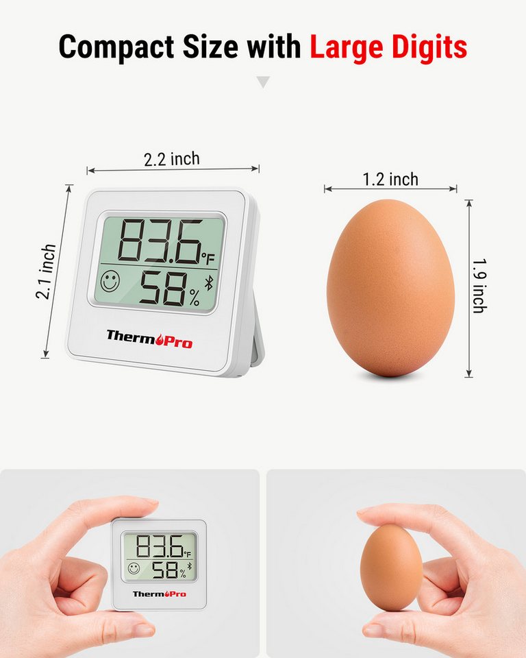 ThermoPro Hygrometer TP357 Bluetooth Thermo-Hygrometer, (1-St), Bluetooth-Thermo-Hygrometer mit App, 80 m Reichweite, Alarm – Bild 2 von 5