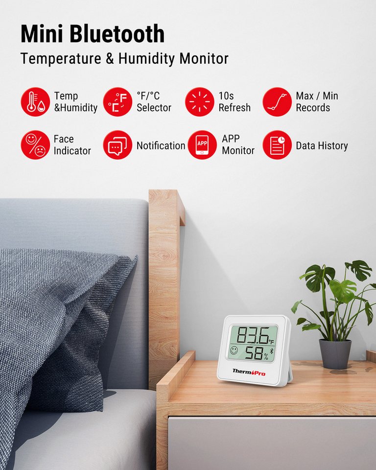 ThermoPro Hygrometer TP357 Bluetooth Thermo-Hygrometer, (1-St), Bluetooth-Thermo-Hygrometer mit App, 80 m Reichweite, Alarm – Bild 3 von 5