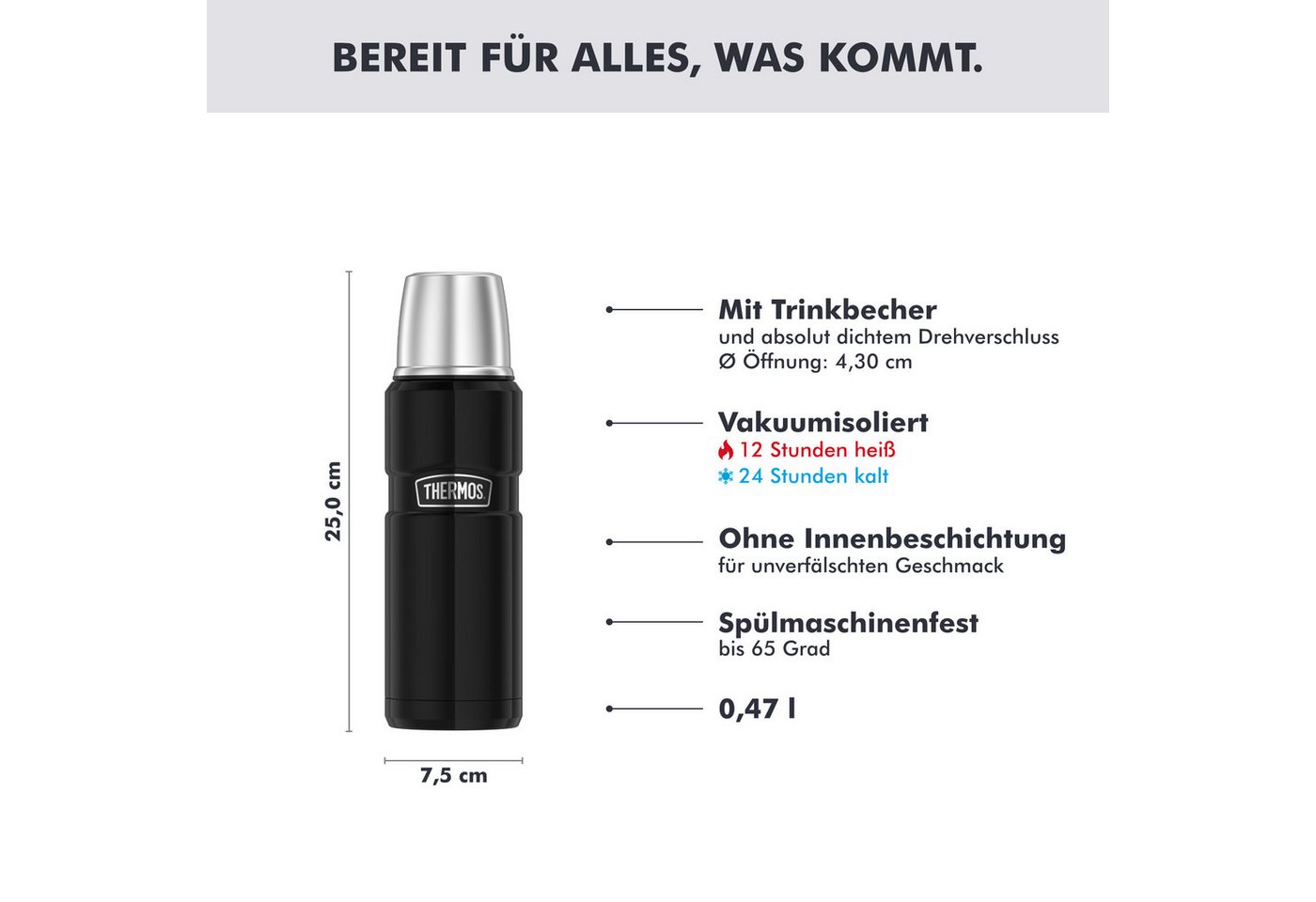 THERMOS Isolierflasche STAINLESS KING BEVERAGE BOTTLE, doppelwandiger Edelstahl, 0,47l, 12h heiß & 24h kalt, Twist & Pour Lid, Becher – Bild 3 von 5