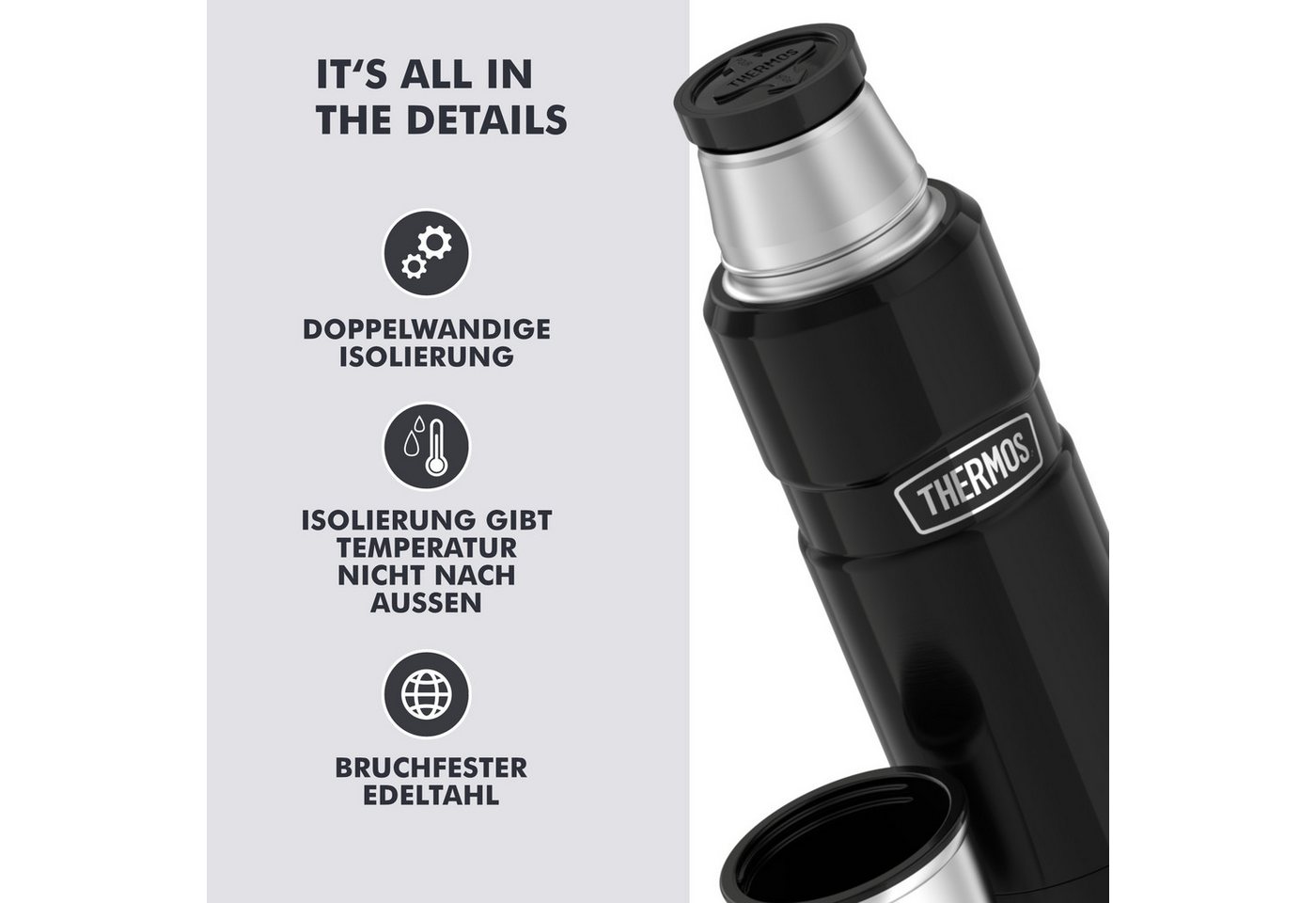 THERMOS Isolierflasche STAINLESS KING BEVERAGE BOTTLE, doppelwandiger Edelstahl, 0,47l, 12h heiß & 24h kalt, Twist & Pour Lid, Becher – Bild 4 von 5
