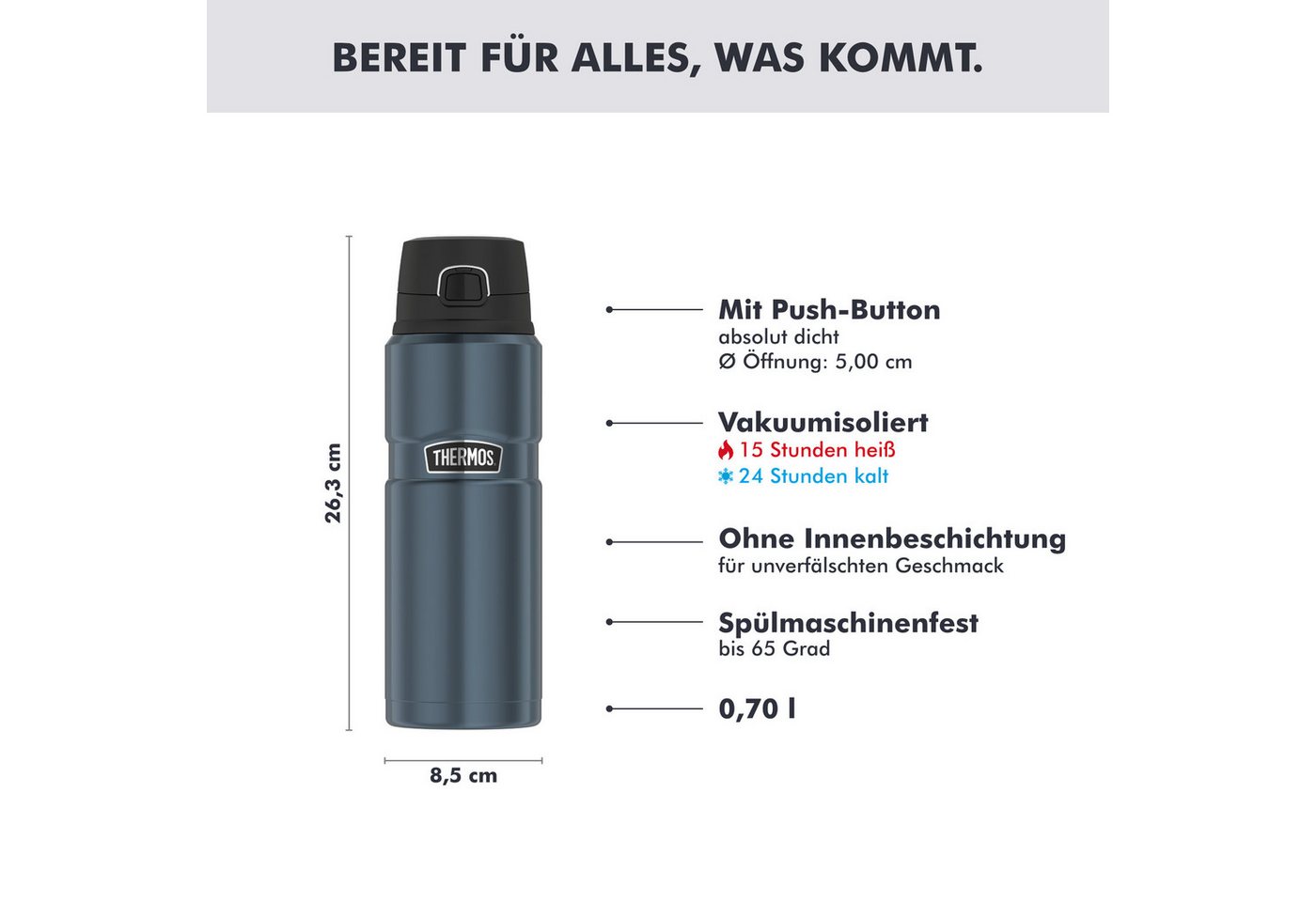 THERMOS Isolierflasche STAINLESS KING BOTTLE, doppelwandiger Edelstahl, 0,7l, 15h heiß & 24h kalt, Safe Flow Lid mit Push Button – Bild 2 von 5
