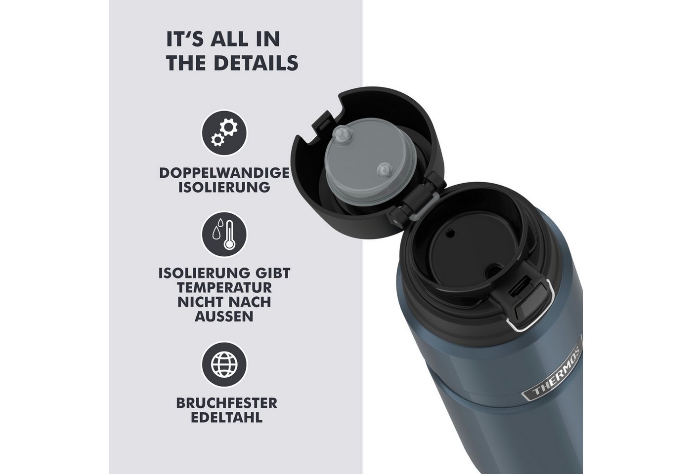 THERMOS Isolierflasche STAINLESS KING BOTTLE, doppelwandiger Edelstahl, 0,7l, 15h heiß & 24h kalt, Safe Flow Lid mit Push Button – Bild 3 von 5