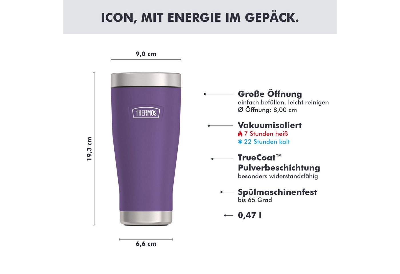 THERMOS Thermobecher ICON MUG, rutschfester Boden, 360° Trinkfunktion, spülmaschinenfest, 1-tlg., Edelstahl, Kunststoff, Silikon, 0,47l, 7h heiß & 22h kalt, abs – Bild 2 von 5