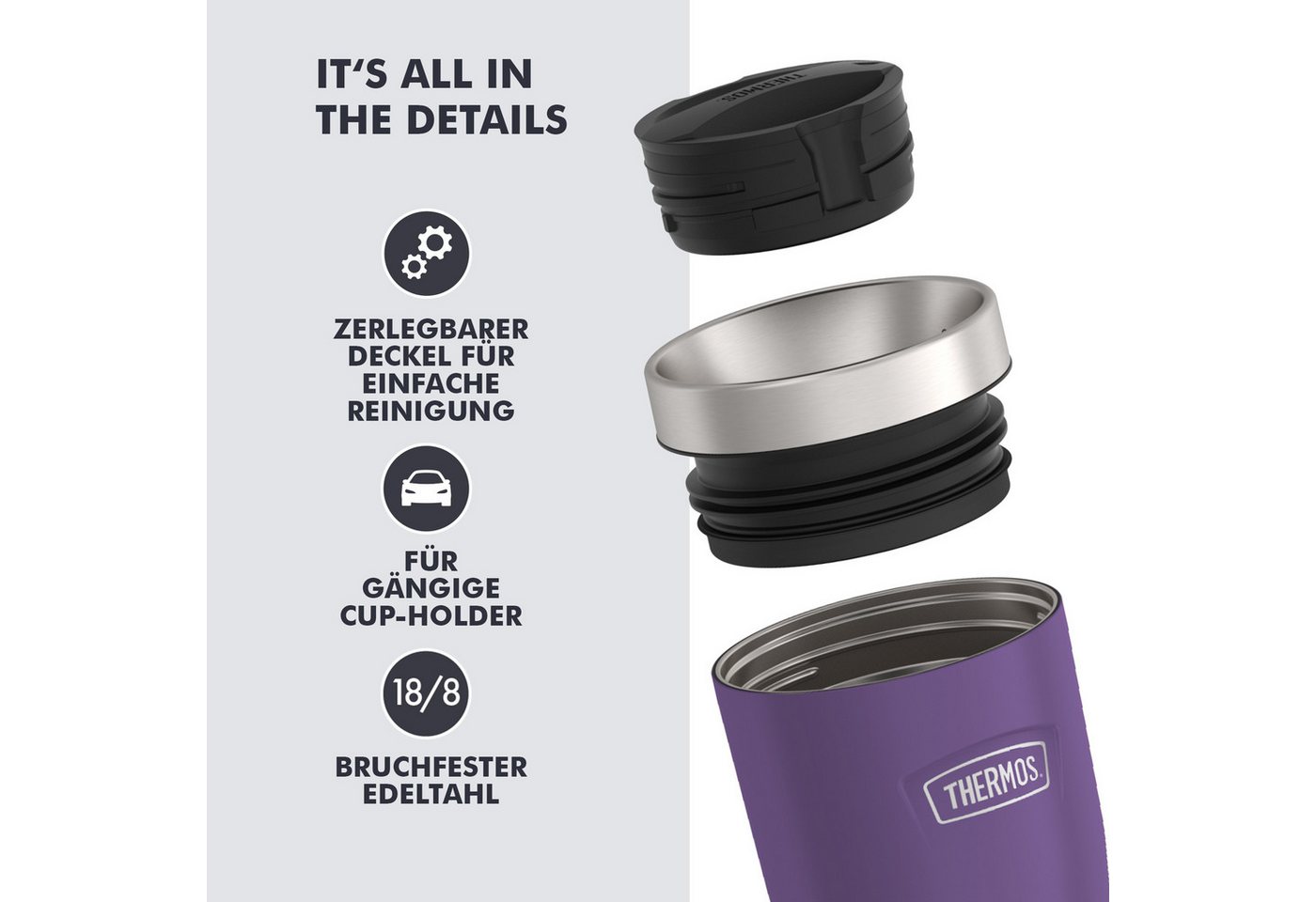 THERMOS Thermobecher ICON MUG, rutschfester Boden, 360° Trinkfunktion, spülmaschinenfest, 1-tlg., Edelstahl, Kunststoff, Silikon, 0,47l, 7h heiß & 22h kalt, abs – Bild 3 von 5