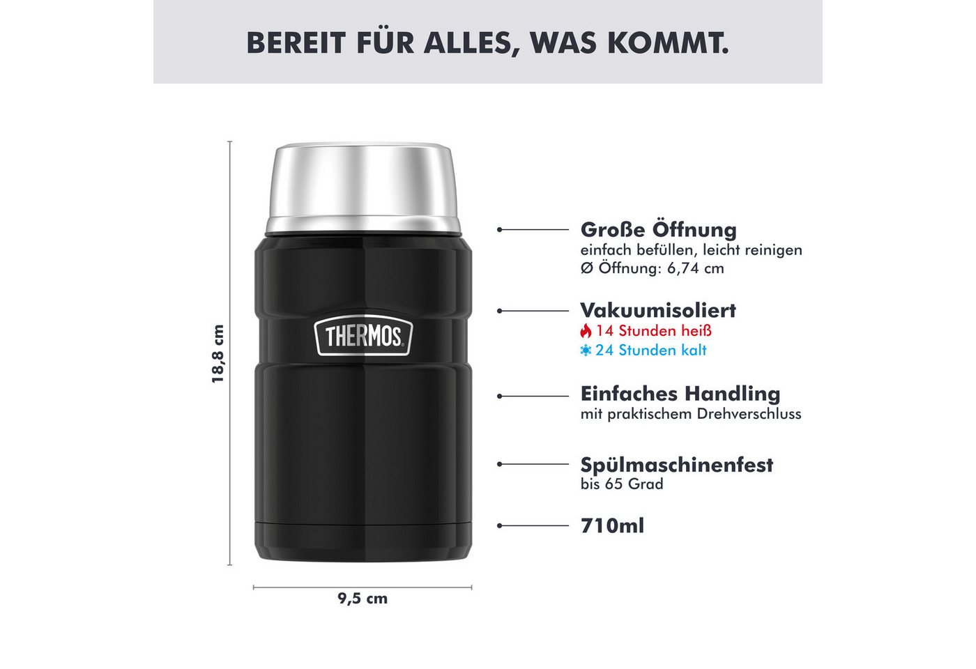 THERMOS Thermobehälter STAINLESS KING, Thermobehälter für Essen, spülmaschinenfest, Edelstahl, Kunststoff, Silikon, (1-tlg), 0,71l, 14h heiß & 24h kalt, dichter – Bild 2 von 5
