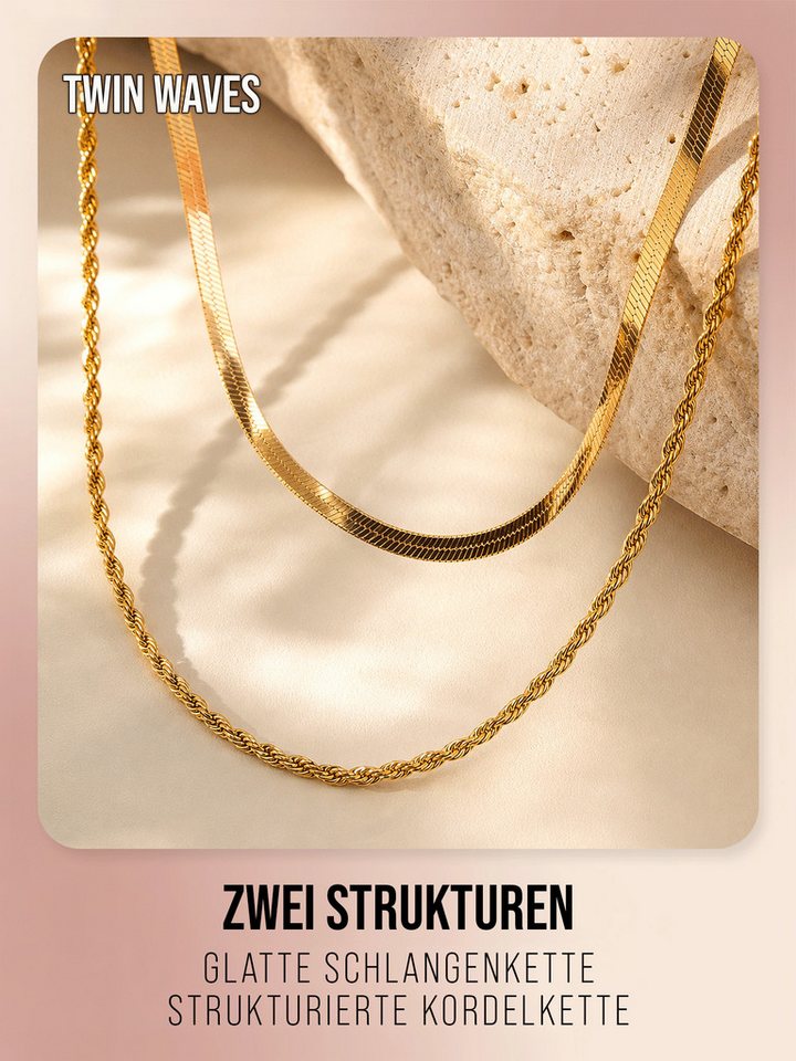THIORA Edelstahlkette Twin Waves, doppelreihig, wasserfest, verstellbar, pflegeleicht, Layering-Look – Bild 3 von 5