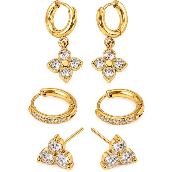 THIORA Ohrring-Set Bloom Trio (Set, 6-tlg., 3 vollständige Paare), 3 Paar Creolen und Ohrstecker mit Zirkonia, 316L Edelstahl