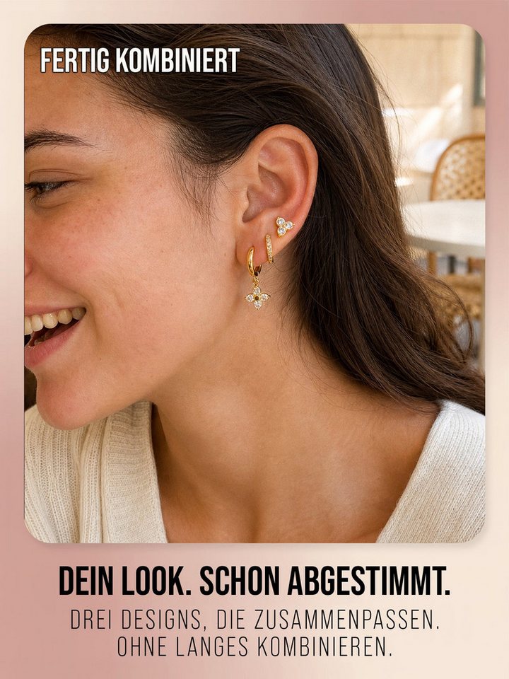 THIORA Ohrring-Set Bloom Trio (Set, 6-tlg., 3 vollständige Paare), 3 Paar Creolen und Ohrstecker mit Zirkonia, 316L Edelstahl – Bild 2 von 5
