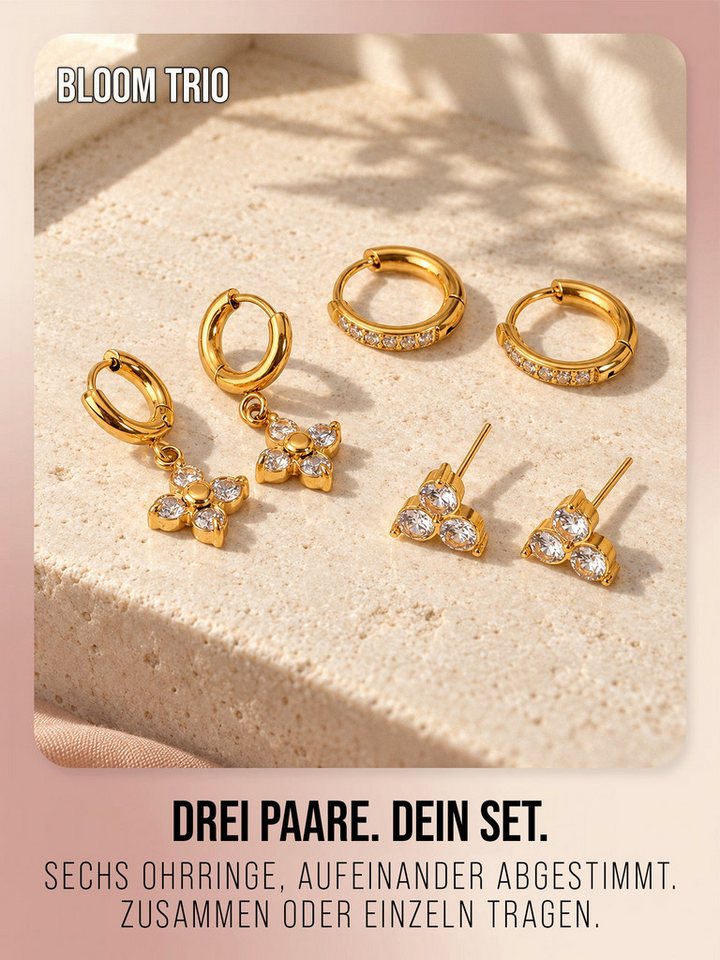 THIORA Ohrring-Set Bloom Trio (Set, 6-tlg., 3 vollständige Paare), 3 Paar Creolen und Ohrstecker mit Zirkonia, 316L Edelstahl – Bild 3 von 5
