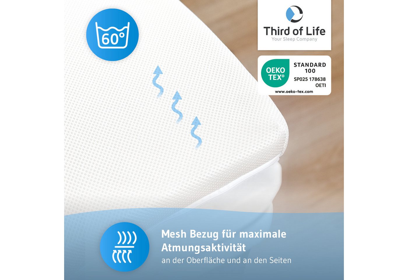 Third of Life, Topper Matratzentopper AERO ActiveClima - atmungsaktive Komfortauflage, 5 cm hoch, 100% hochwertiger Memory Schaum, Atmungsaktiv, feuchtigkeitsre – Bild 5 von 5