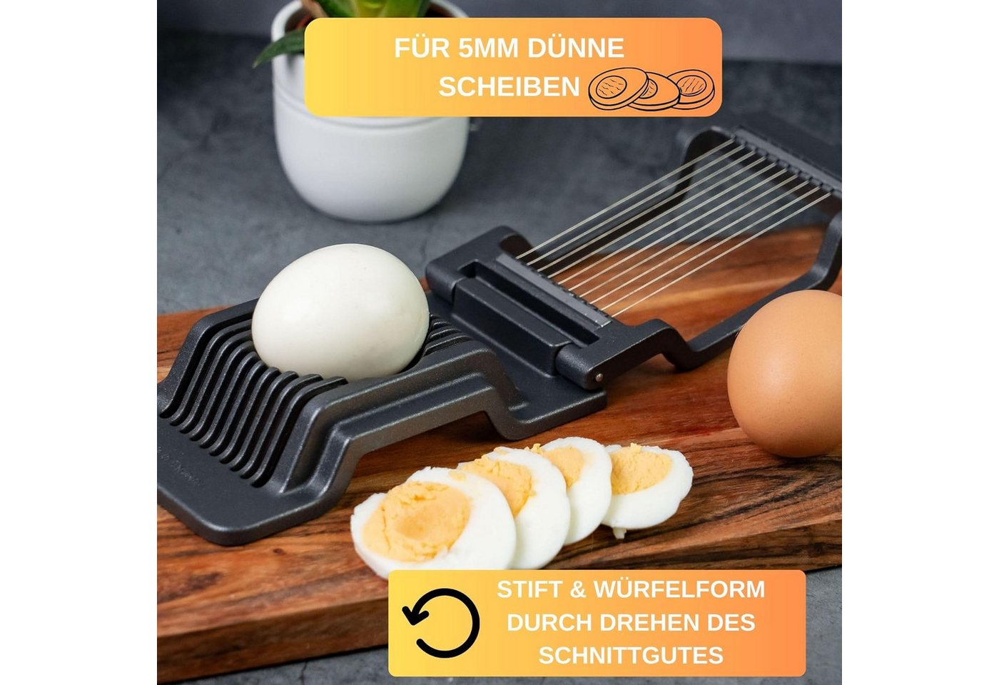 Thiru Eierschneider Eierteiler - Mehrzweck mit Edelstahl Schneiddrähten für Eiergröße S-L, Edelstahl Schneiddrähte, Eiergröße S-L, Rezept E-Book, Made in German – Bild 2 von 5
