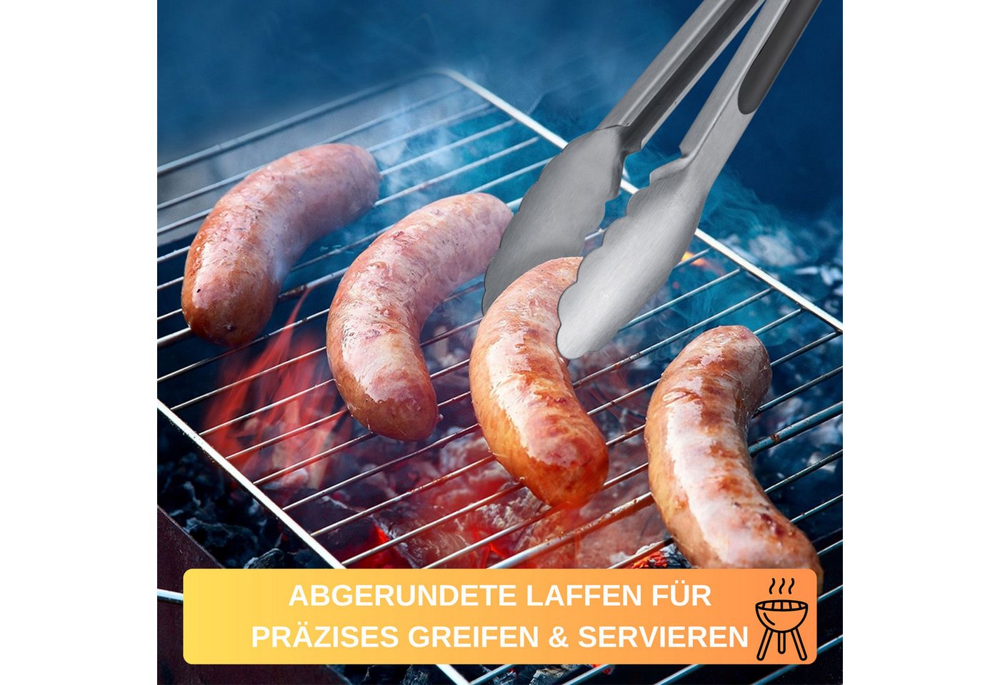 Thiru Grillzange mit Edelstahllaffen, gummierten Griffen und Aufhängeöse, abgerundete Laffen – Bild 5 von 5