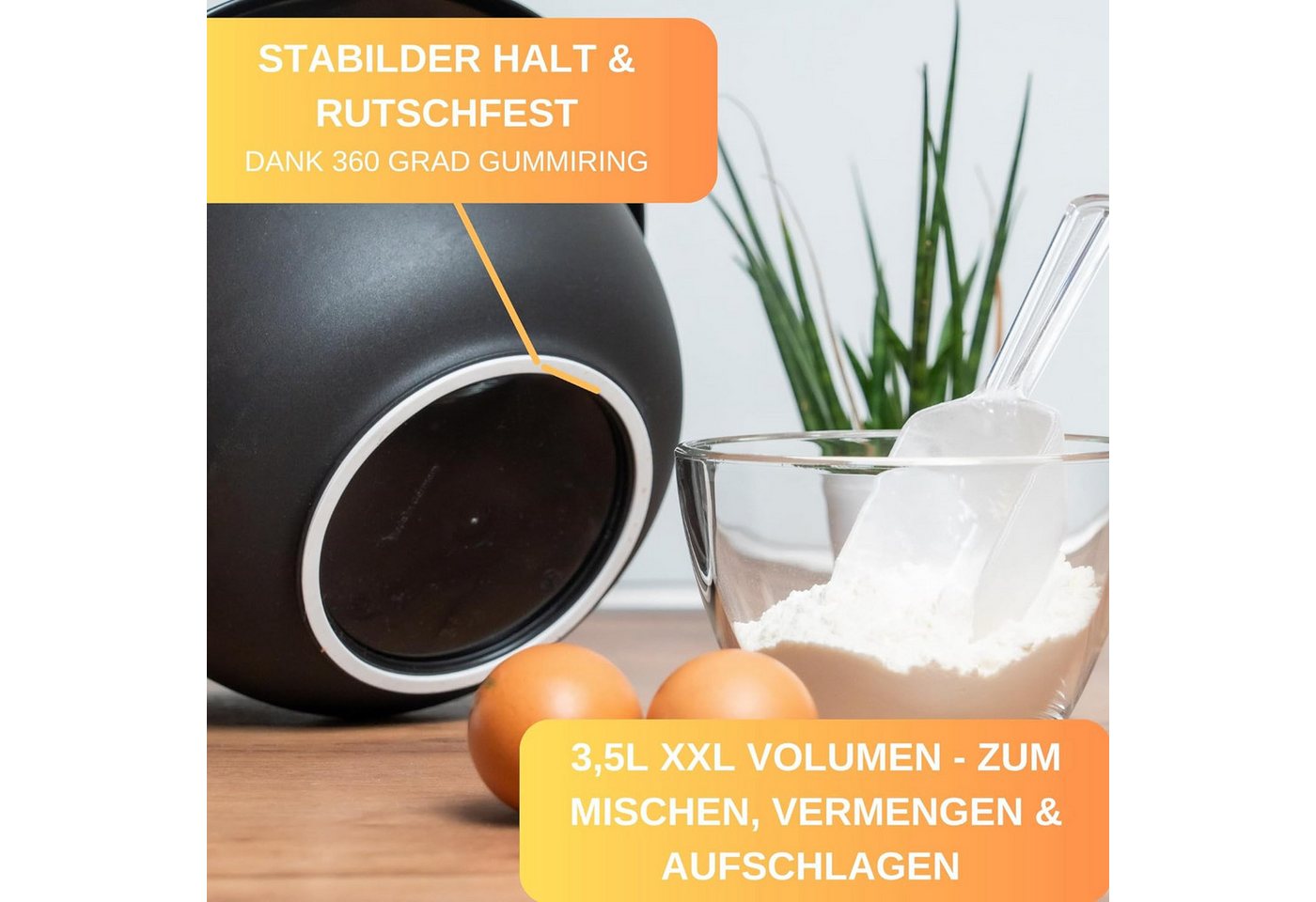 Thiru Rührschüssel Premium mit Spritzschutz Deckel - Rutschfest, Doppelpack - 3,5L & Quirltopf – Bild 4 von 5
