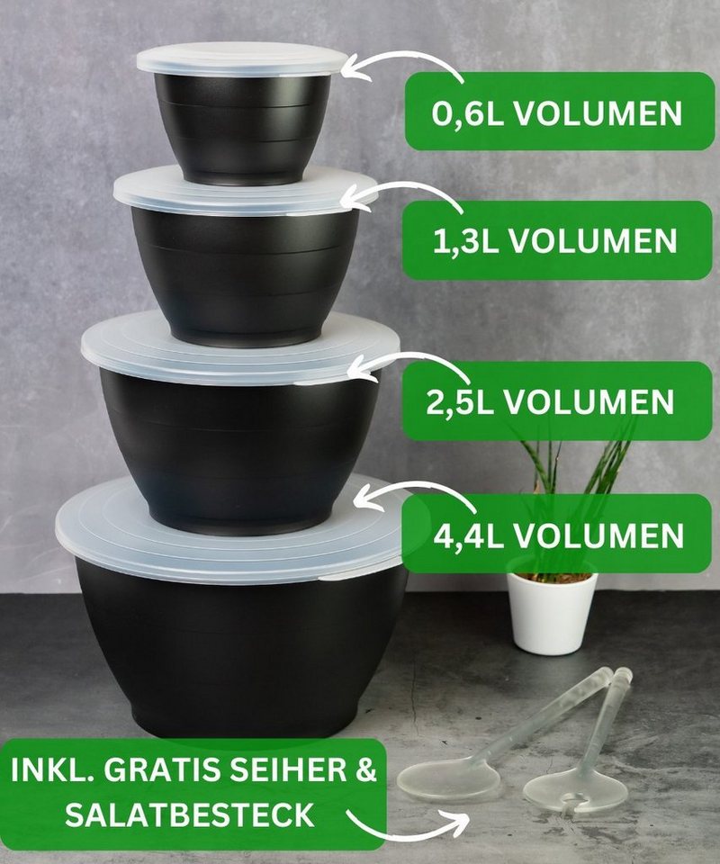 Thiru Salatschüssel 6 Teilig 0,6L/1,3L/2,5L/4,4L - mit Deckel, Seiher, Salatbesteck, (6-tlg), Spülmaschinenfest – Bild 2 von 5