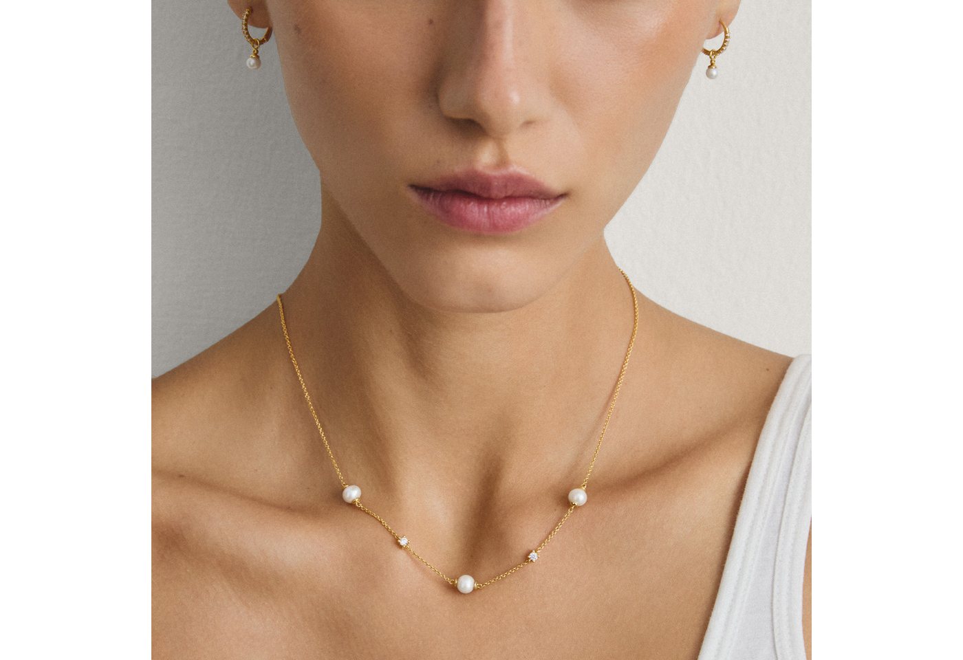 THOMAS SABO Kette mit Anhänger Kette mit Perlen gelbgoldfarben, mit Zirkonia (synth) - mit Süßwasserzuchtperle – Bild 3 von 4