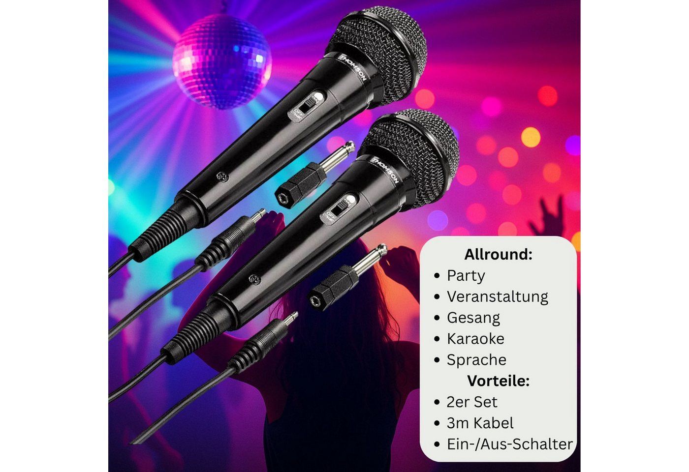 Thomson Mikrofon Set 2x Dynamisches Mikrofon kabelgebunden Schwarz (Set), 3m Kabel Party Veranstaltung DJ Mix Karaoke 3,5mm 6,35mm Stecker – Bild 2 von 5