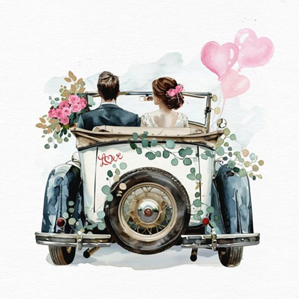 ti-flair Papierserviette, Servietten Papier 33x33cm 3-lagig Just Married Auto Motiv 20 Stück