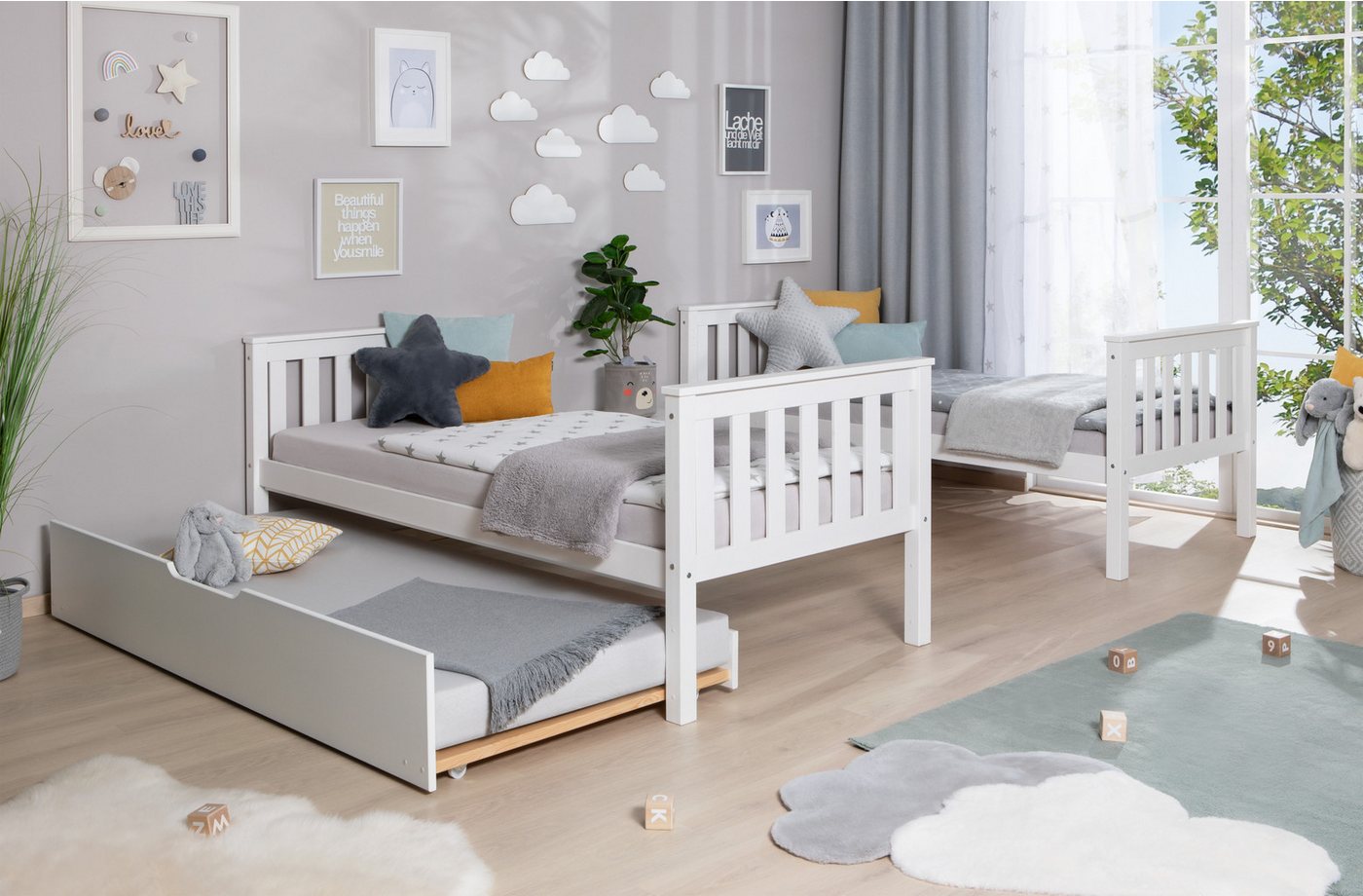Ticaa Etagenbett Sammy, umbaubar zu 2 Einzelbetten, edles Design im Landhausstil (90x200cm), inklusive Schubkasten, 2x Rollrost, zertifiziertes Massivholz Kiefe – Bild 4 von 5