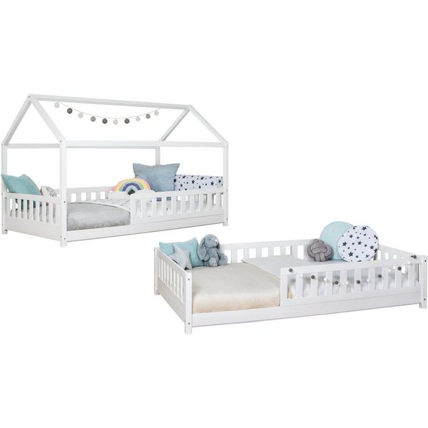 Ticaa Hausbett Duo mit Rausfallschutz aus Kiefer, Bodenbett 100x200, inkl. abnehmbarem Dach, mit Rollrost, mit Matratze
