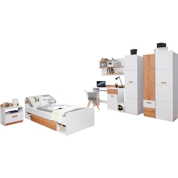 Ticaa Jugendzimmer-Set Lori, (Set, 6-tlg., Bett, Schrank, Schreibtisch, Standregal, Wandregal, Nachttisch), Bett + Schrank + Schreibtisch + Standregal + Wandreg