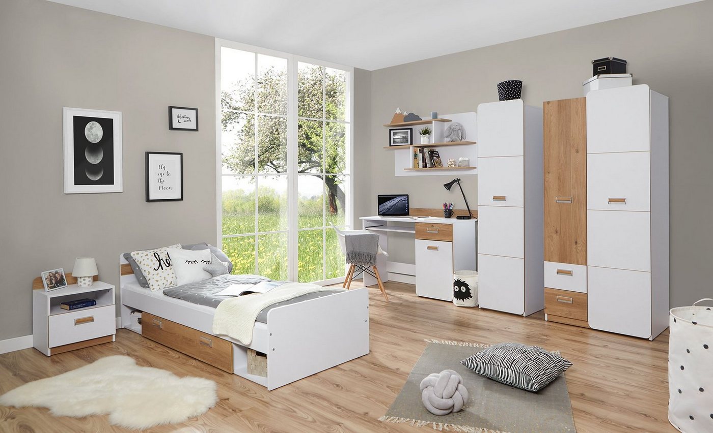 Ticaa Jugendzimmer-Set Lori, (Set, 6-tlg., Bett, Schrank, Schreibtisch, Standregal, Wandregal, Nachttisch), Bett + Schrank + Schreibtisch + Standregal + Wandreg – Bild 2 von 5
