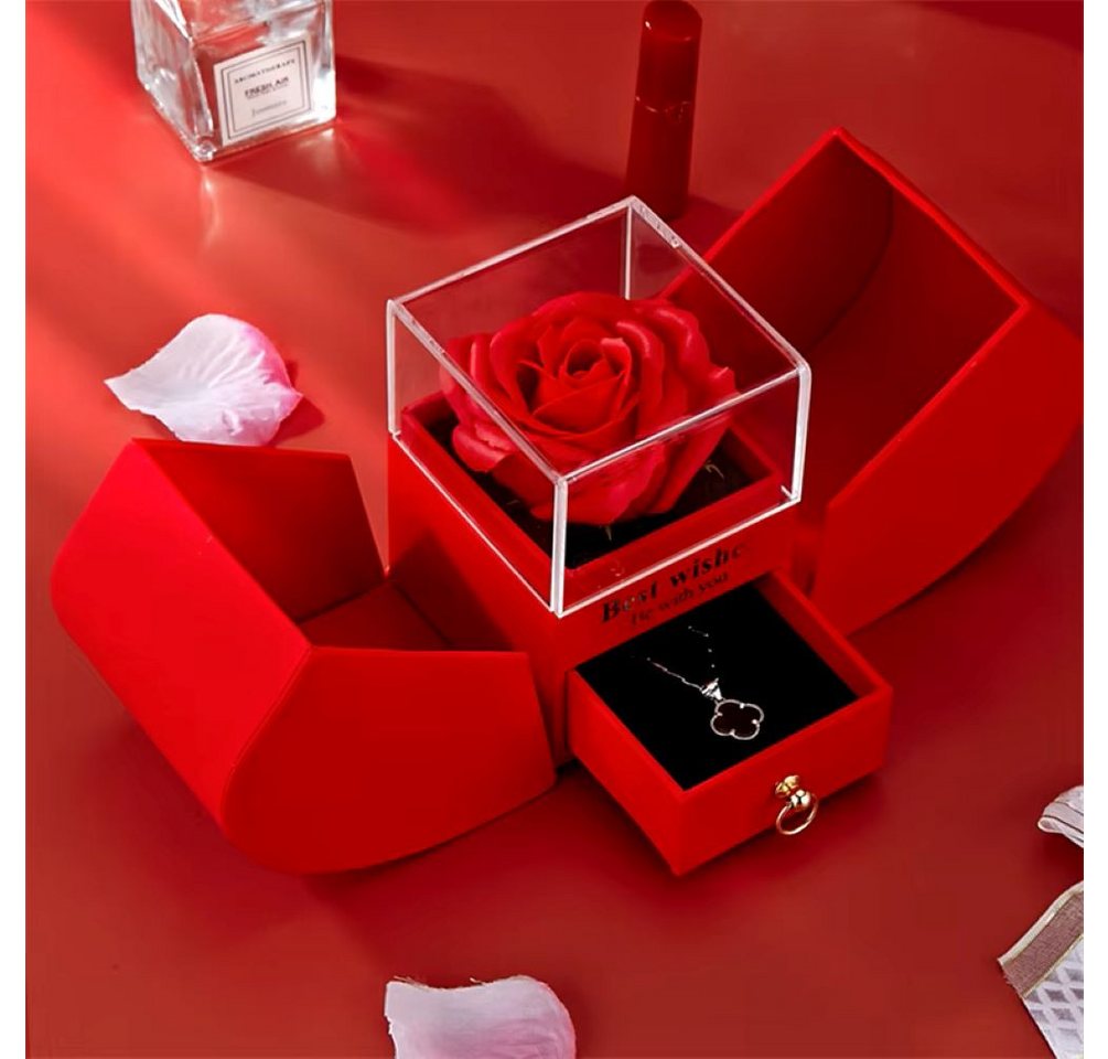 Kunstblume Echte Rose mit vierblättrigem Kleeblatt Kette Box in Rot, Tidy – Bild 4 von 5