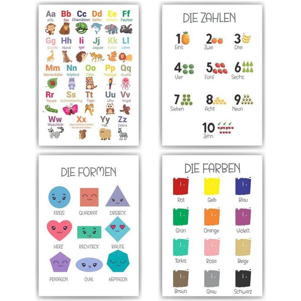Tigerlino Poster 4er Set ABC, Zahlen, Formen, Farben Lernposter Kinderzimmer Alphabet