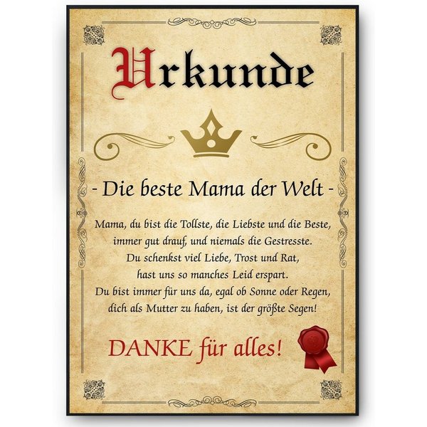Tigerlino Poster Beste Mama Urkunde Geschenkidee Mutter Bild Mama Geschenk Muttertag
