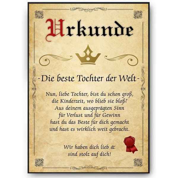 Tigerlino Poster Beste Tochter Urkunde Geschenkidee Bild Tochter Geschenk Wertschätzung