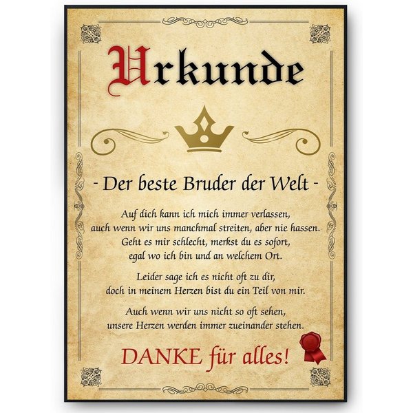 Tigerlino Poster Bester Bruder Urkunde Geschenkidee Bild Bruder Geschenk von Schwester