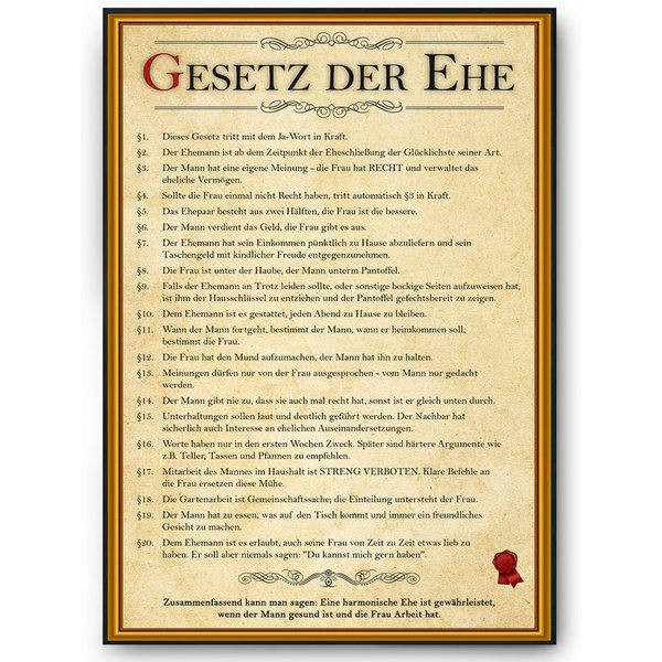 Tigerlino Poster Ehegesetz Hochzeitsgeschenk Ehepaar Hochzeitstag Geschenk zur Hochzeit