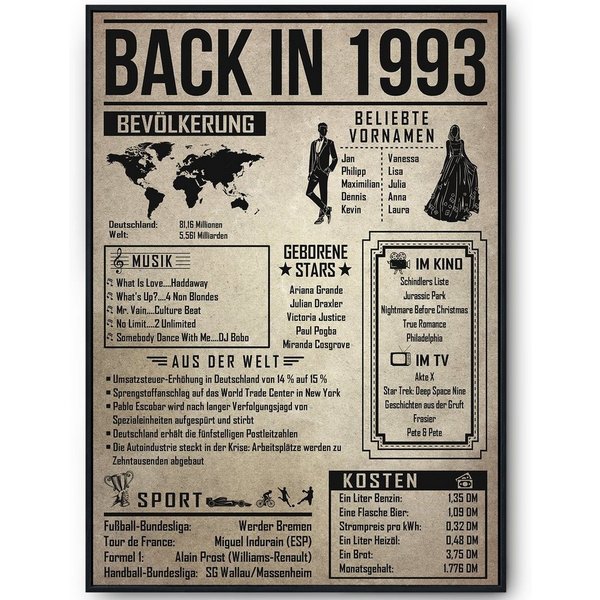 Tigerlino Poster Geschenk Männer Frauen, Geburtstag Rückblick Zeitreise Geschenkidee, 33. Geburtstag Jahrgang 1993, Bild
