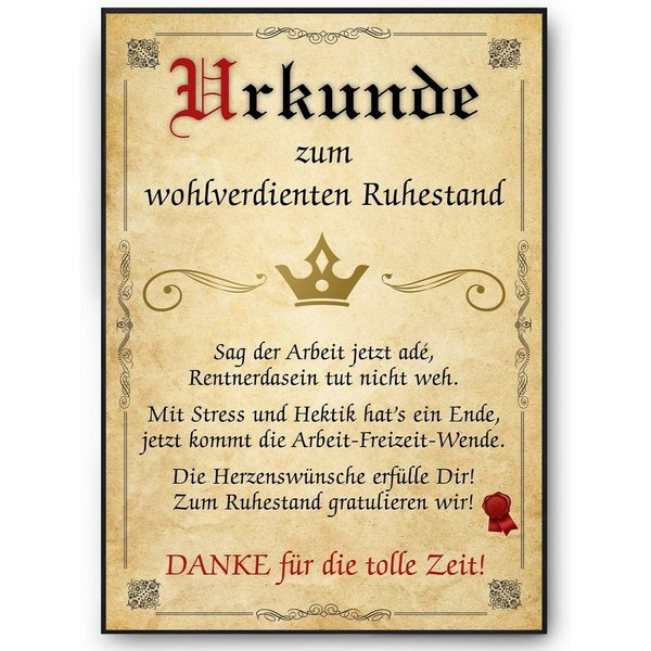 Tigerlino Poster Ruhestand Urkunde Rente Abschiedsgeschenk Kollege Rentner Geschenk