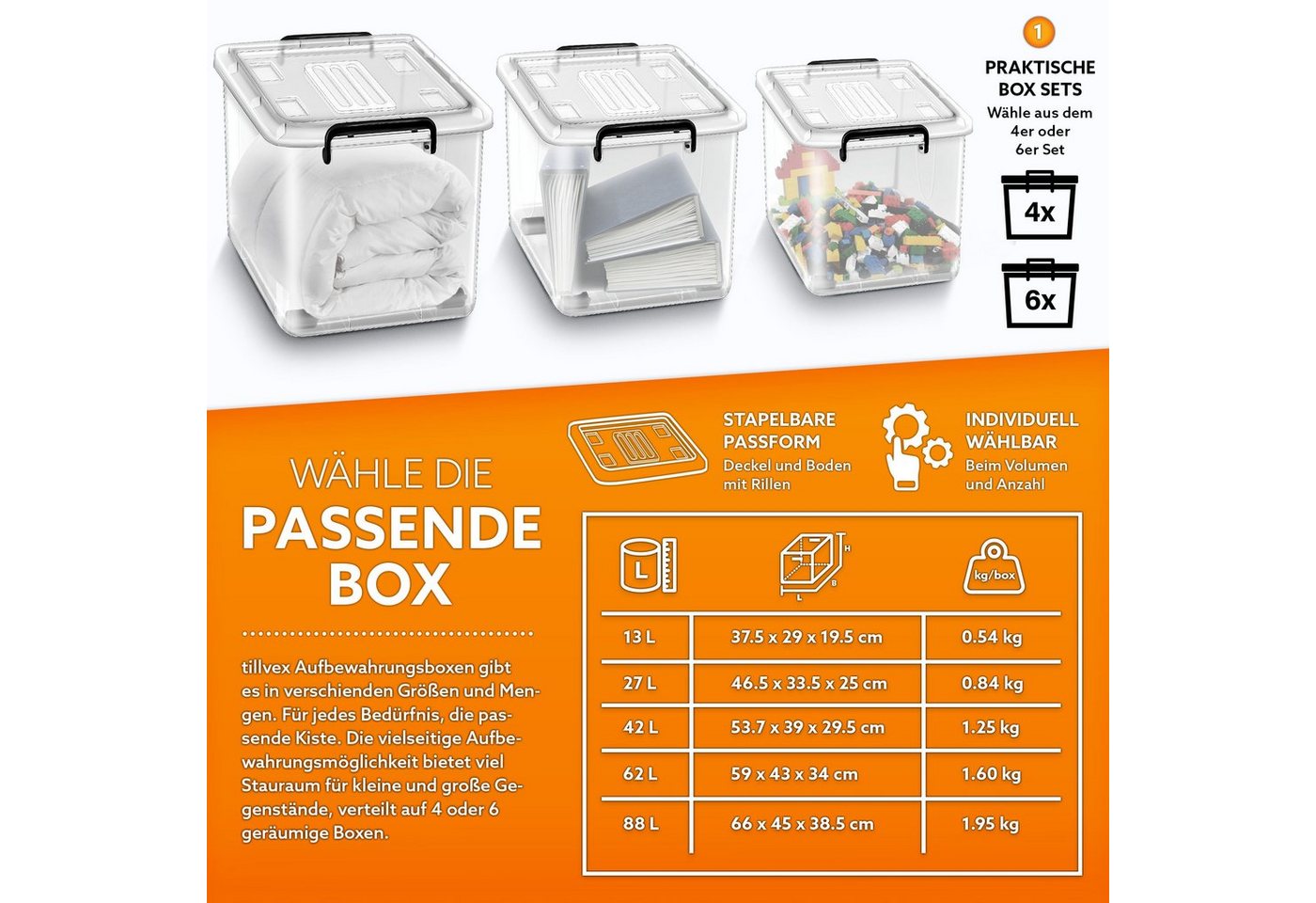 tillvex Aufbewahrungsbox mit Deckel lebensmittelecht Kunststoff Boxen Set stapelbar (Aufbewahrung Ordnungssystem Box groß Aufbewahrungsbox, 6 St., Kleiderboxen  – Bild 4 von 5
