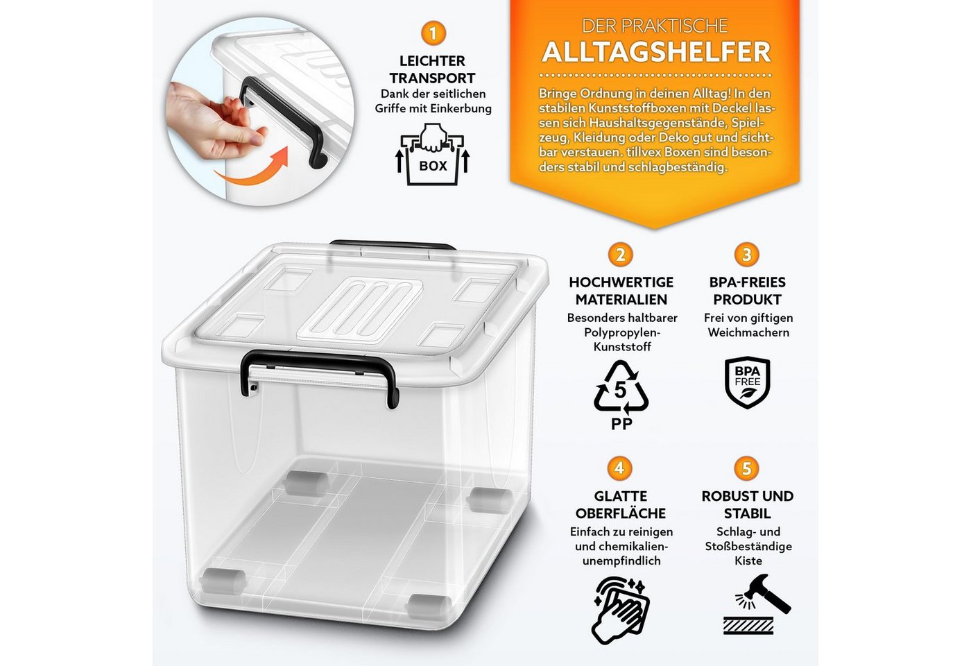 tillvex Aufbewahrungsbox mit Deckel lebensmittelecht Kunststoff Boxen Set stapelbar (Aufbewahrung Ordnungssystem Box groß Aufbewahrungsbox, 4 St., Kleiderboxen  – Bild 2 von 5