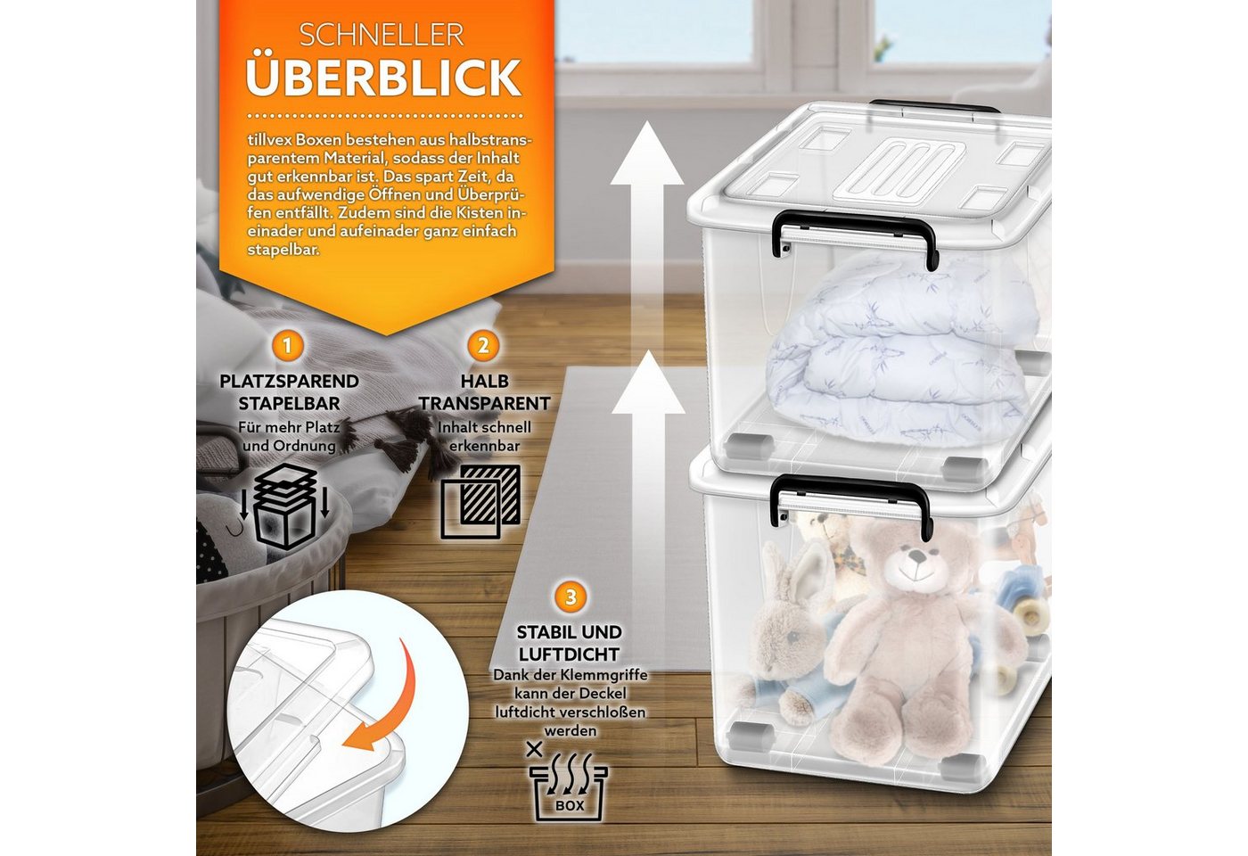 tillvex Aufbewahrungsbox mit Deckel lebensmittelecht Kunststoff Boxen Set stapelbar (Aufbewahrung Ordnungssystem Box groß Aufbewahrungsbox, 4 St., Kleiderboxen  – Bild 3 von 5