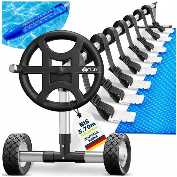 tillvex Pool-Abdeckplane Pool Aufroller 3-5,70 m mit Vollgummireifen inkl. Thermometer (witterungsbeständiges Material, Aufrollsystem Solarfolie), Aufrollvorric