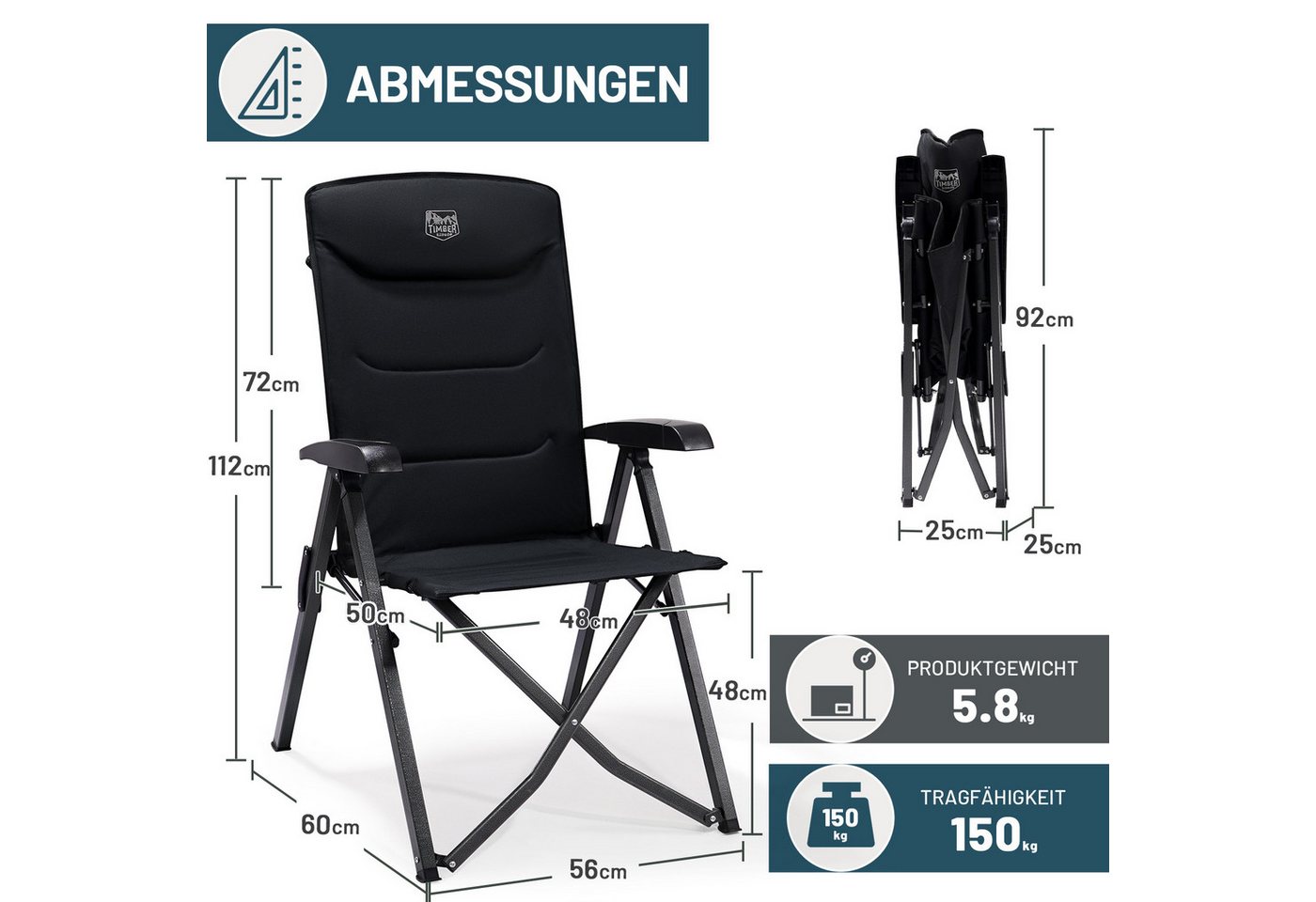 TIMBER RIDGE Campingstuhl Klappstuhl, faltbarer Stuhl mit hoher Lehne und Packmaß (2 St), mit 4-fach verstellbarer Rückenlehne und hochbelastbarem Gestell – Bild 4 von 5