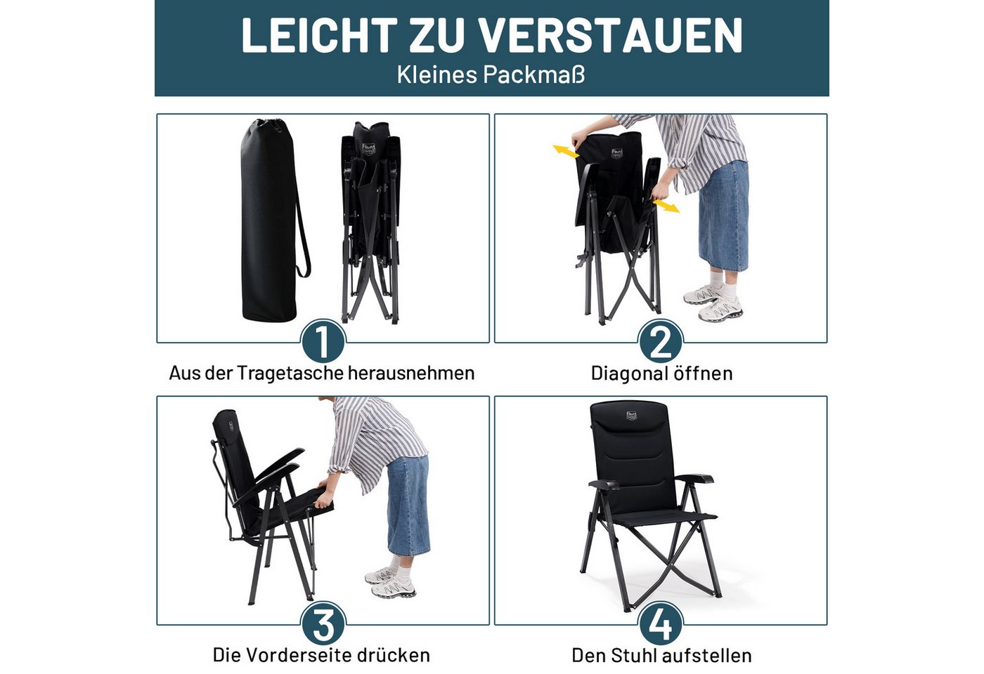 TIMBER RIDGE Campingstuhl Klappstuhl, faltbarer Stuhl mit hoher Lehne und Packmaß (2 St), mit 4-fach verstellbarer Rückenlehne und hochbelastbarem Gestell – Bild 5 von 5