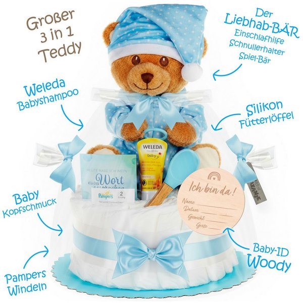 Timfanie Windeln & Wow, Windeltorte mit LiebhabBÄR, blau, 0-5 Monate (Handgefertigtes Geschenk - In Folie gehüllt, mit Schleifen verziert, 28-St., /Set: Premium