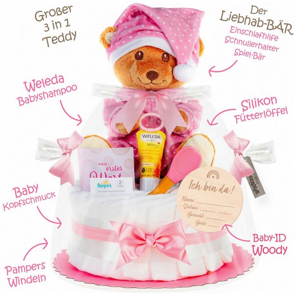 Timfanie Windeln & Wow, Windeltorte mit LiebhabBÄR, rosa, 0-5 Monate (28-St., /Set: Premium Pampers + Kuscheltier + wertige Accessoires), Geschenk zur Geburt & 