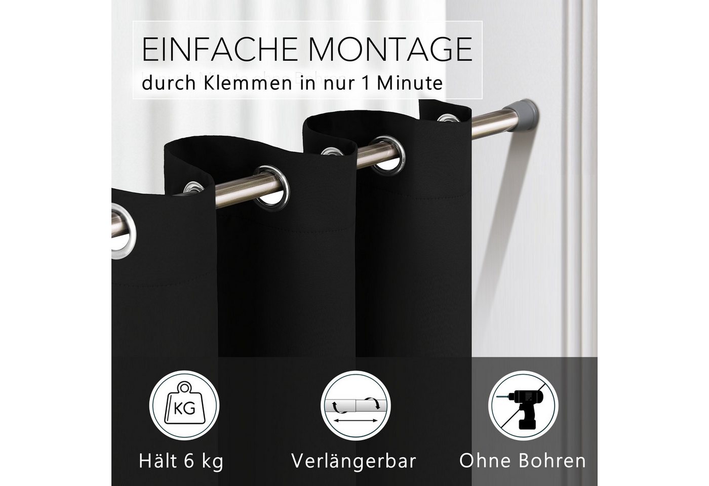 tinycurtains Klemmstange Teleskopstange 55-90 cm Türvorhangstange Duschvorhangstange Badstange, Ø 0.22 mm, 1-läufig, ausziehbar, klemmbar, geklemmt, Metall, Sta – Bild 3 von 5