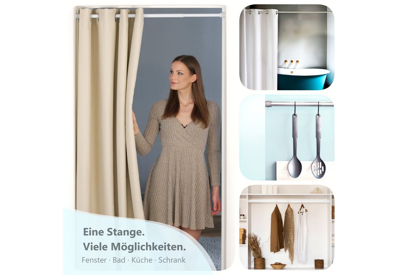 tinycurtains Klemmstange Teleskopstange 55-90 cm Türvorhangstange Duschvorhangstange Badstange, Ø 0.22 mm, 1-läufig, ausziehbar, klemmbar, geklemmt, Metall, Sta – Bild 5 von 5