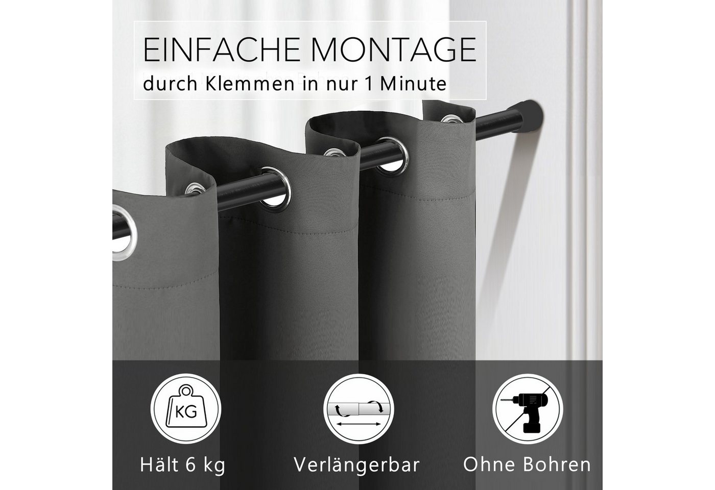 tinycurtains Klemmstange Teleskopstange 70-120 cm oder 111-200 cm Vorhangstange ohne Bohren, Ø 0.22 mm, 1-läufig, ausziehbar, klemmbar, Duschvorhangstange, Bads – Bild 3 von 5