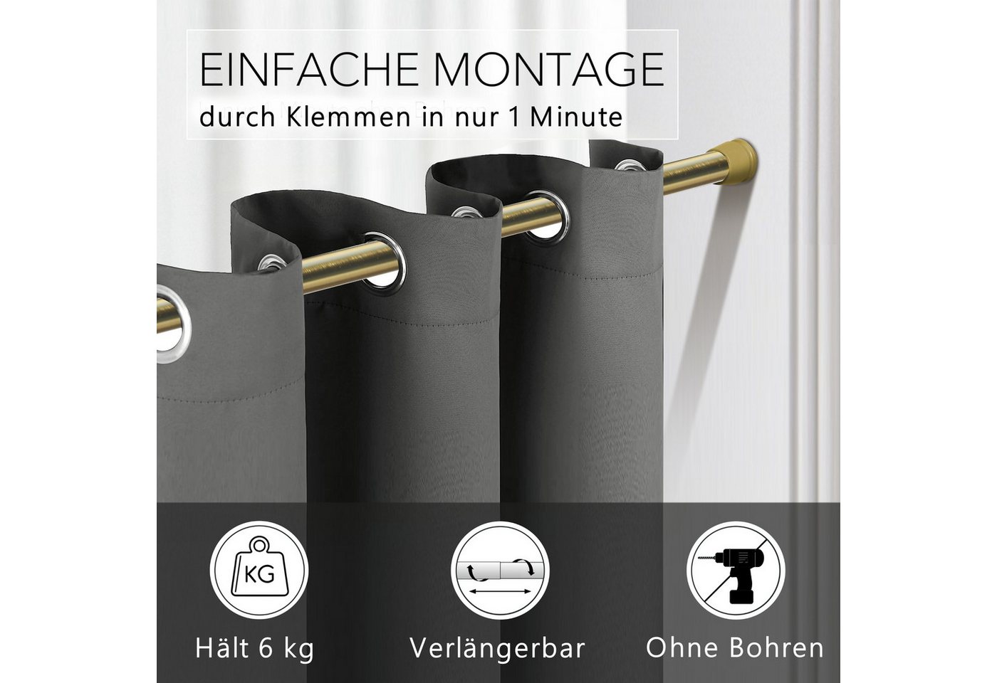 tinycurtains Klemmstange Teleskopstange 70-120 cm oder 111-200 cm Vorhangstange ohne Bohren, Ø 0.22 mm, 1-läufig, ausziehbar, klemmbar, Duschvorhangstange, Bads – Bild 3 von 5
