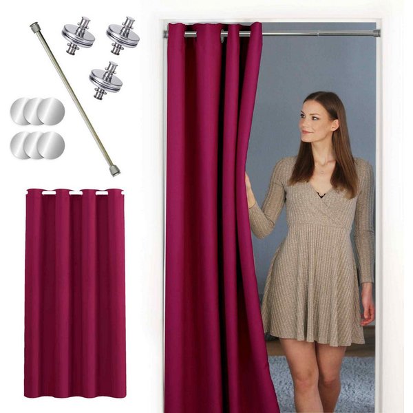 tinycurtains Türvorhang mit Stange silber 55-90 cm ohne Bohren, Thermo Vorhang mit Magneten, Ösen, abdunkelnd, Polyester, blickdicht, bordeaux rot Berry, Türgar
