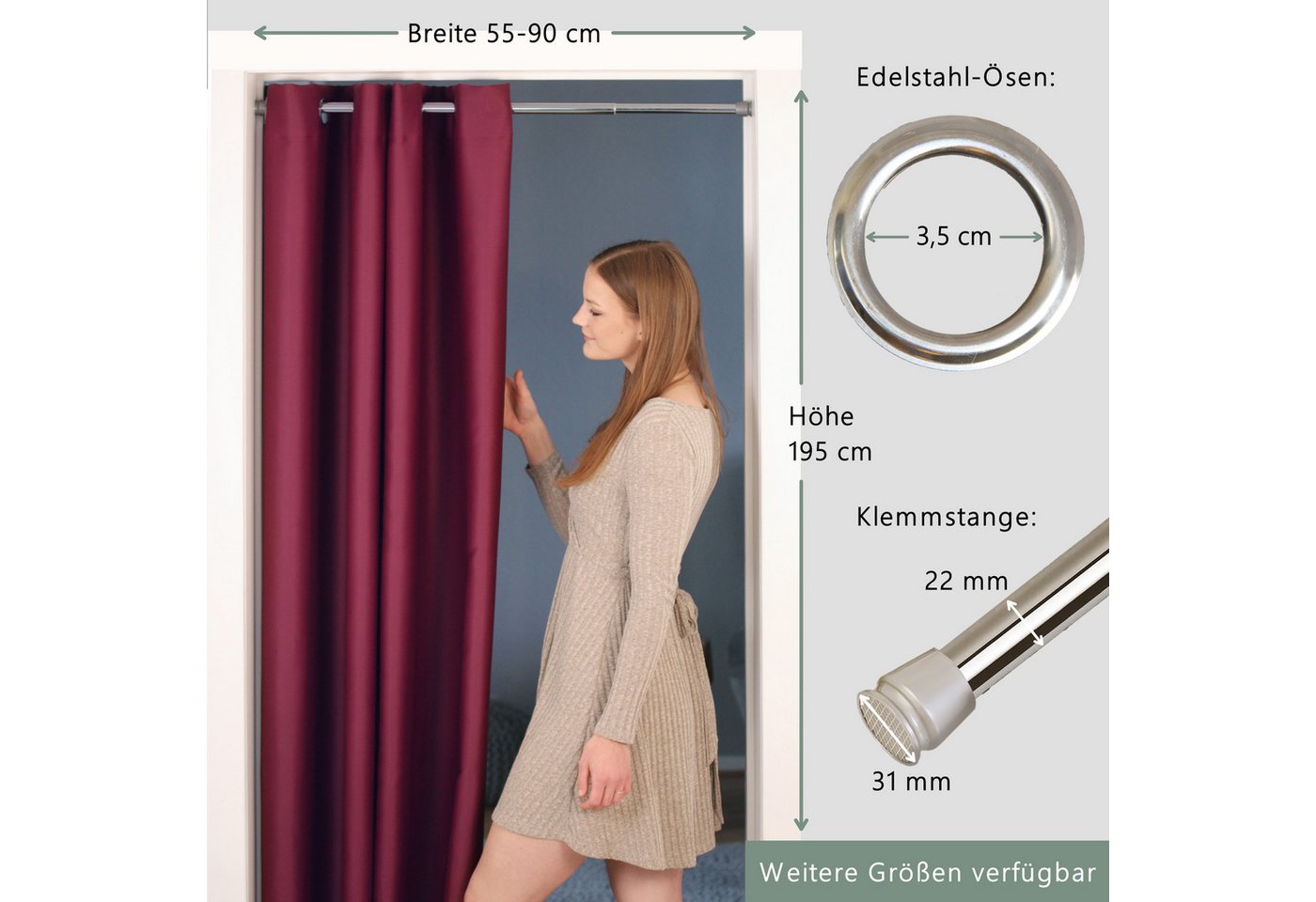 tinycurtains Türvorhang mit Stange silber 55-90 cm ohne Bohren, Thermo Vorhang mit Magneten, Ösen, abdunkelnd, Polyester, blickdicht, bordeaux rot Berry, Türgar – Bild 2 von 5