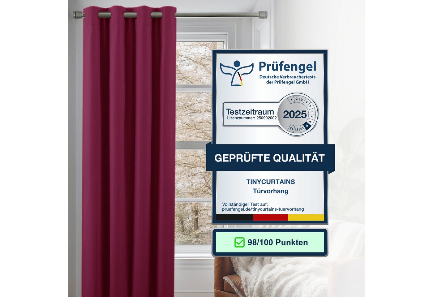 tinycurtains Türvorhang mit Stange silber 55-90 cm ohne Bohren, Thermo Vorhang mit Magneten, Ösen, abdunkelnd, Polyester, blickdicht, bordeaux rot Berry, Türgar – Bild 3 von 5
