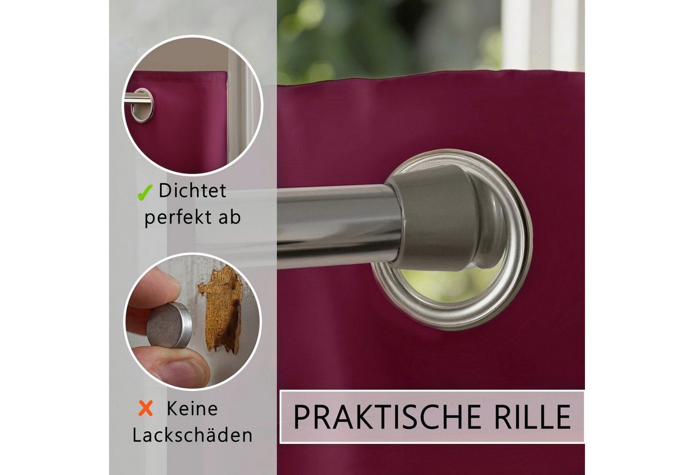 tinycurtains Türvorhang mit Stange silber 55-90 cm ohne Bohren, Thermo Vorhang mit Magneten, Ösen, abdunkelnd, Polyester, blickdicht, bordeaux rot Berry, Türgar – Bild 5 von 5