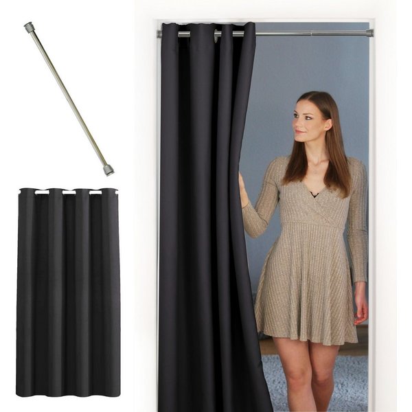 tinycurtains Türvorhang mit Stange silber 55-90 cm ohne Bohren, Thermo Vorhang mit Magneten, Ösen, abdunkelnd, Polyester, blickdicht, Schwarz Eclipse, Türgardin
